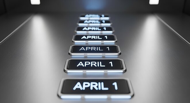 Futuristic digital elevator panel with glowing April 1st date buttons in dark modern interior 3D render