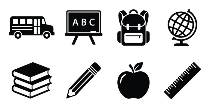 Back to school black silhouette concept with school bus blackboard backpack globe and books