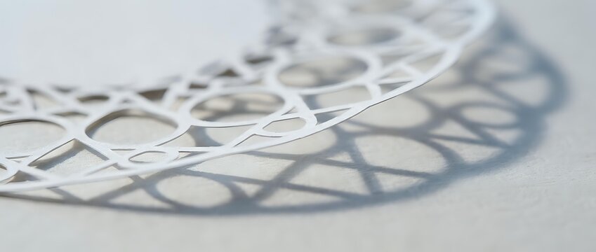 White geometric lattice structure with intricate curved patterns casting soft shadows on clean surface for modern design and architectural concepts.