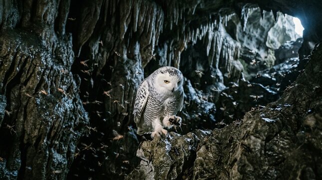Snowy Owl gripping prey intently within a dark rocky cave teeming with insects under a dramatic natural light beam