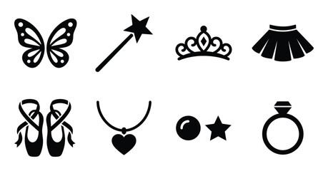 Fairy tale princess girl accessories set for creative play and costume design flat black vector art © GoDesigner