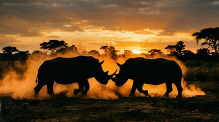 Obraz premium Rhinoceros Pair Charging Kicking Up Dust on African Savanna under Fiery Sunset Silhouette