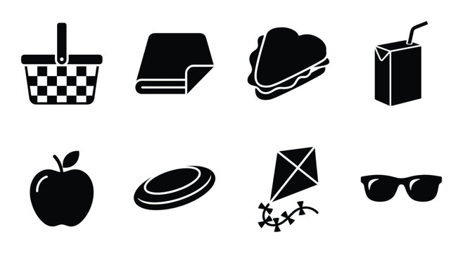 Picnic outdoor leisure time in summer park icon set for relaxation and enjoyment vector concept