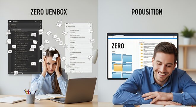 Left chaotic email inbox with hundreds unread stressed worker; right zero inbox screen organized folders relaxed smile productivity solution visual