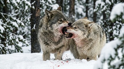 Obraz premium Powerful Grey Wolves Ferociously Snapping Fangs In A Gory Winter Showdown On Blood Stained Snow