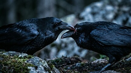 Fototapeta premium Two Black Ravens Intimately Transferring Raw Meat on a Mossy Forest Floor Under Moody Overcast Light