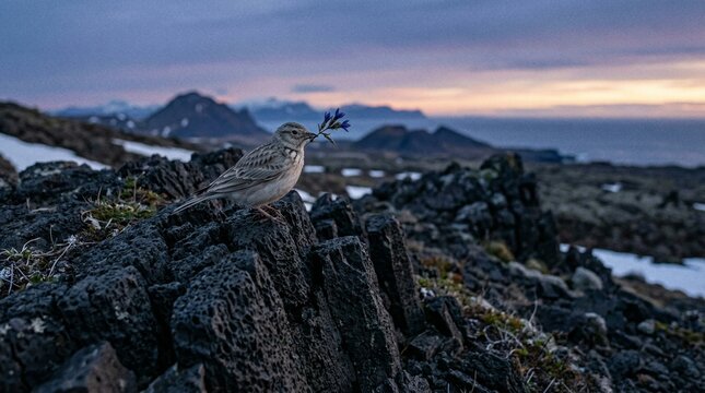 Perched Rock Pipit gently presenting a blue bellflower on sharp eroded basalt under soft twilight sky