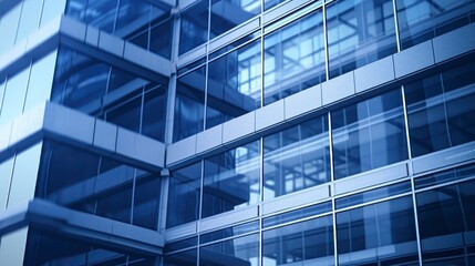 Obraz premium Modern Urban Glass Building Facade Reflecting Cityscape at Dusk