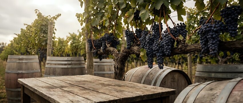 Rustic wooden wine barrels and table in vineyard with ripe purple grapes hanging overhead during golden hour harvest season for winery production.