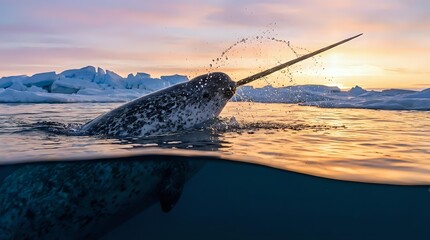 Fototapeta premium Narwhal whale surfacing in Arctic waters during golden sunset with mountains and ice floes in background, split underwater view showing marine mammal habitat.
