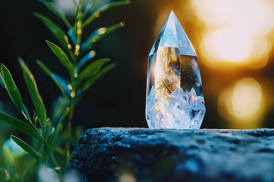 Clear quartz crystal point with golden inclusions on stone surface beside green plant with warm bokeh lighting for meditation and healing practices.