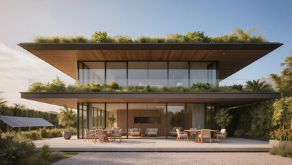 Modern Luxury Home with Green Roof, Solar Panels, and Outdoor Living Space