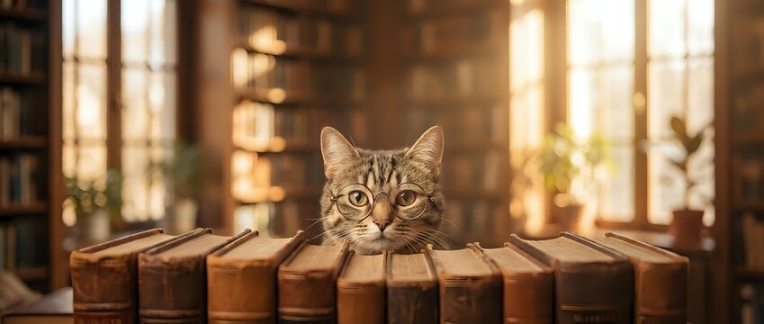 Adorable tabby kitten peeking over stack of old books in warm library setting with golden sunlight streaming through windows creating cozy reading atmosphere.