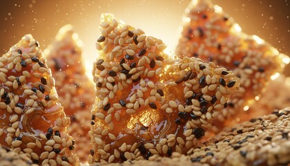 Golden Sesame Caramel Squares Covered in Sesame Seeds