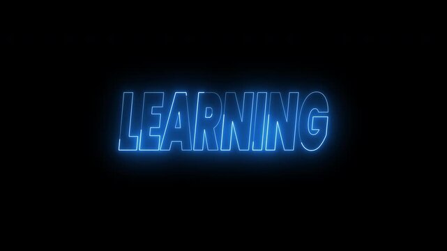 Learning and teamwork text animation in bright blue neon on black. 4k animated typography is perfect for educational videos, online courses, or tutor advertisements.