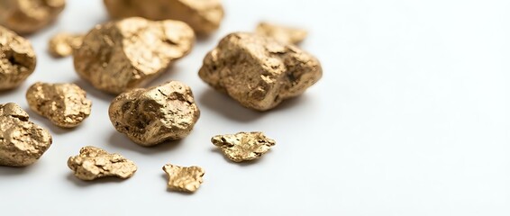 Obraz premium Golden nuggets scattered on white surface representing wealth, mining industry, precious metals investment and financial success concepts.