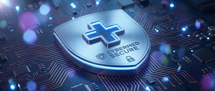 Digital healthcare security shield with medical cross symbol on futuristic circuit board background with glowing blue lights and data protection elements.