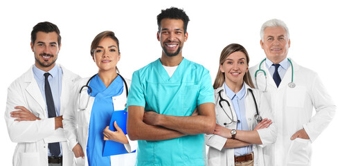 Fototapeta premium Group of professional healthcare workers on white background. Equality and unity for saving lives