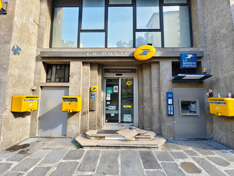 Paris,France-Oct.5th 2025: Exterior facade of a La Poste office in Paris