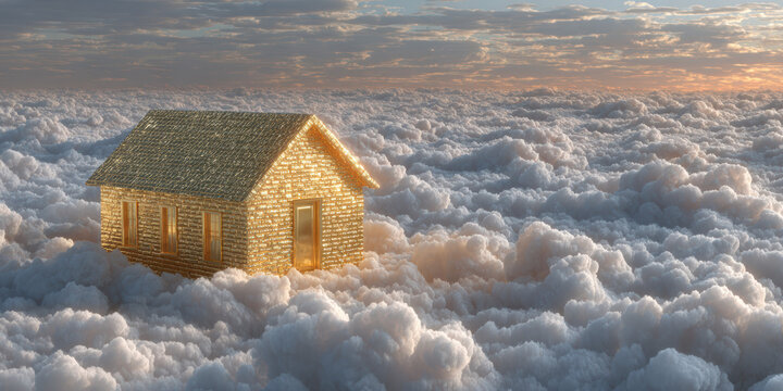 Luxury home made of gold bricks with clouds background, gold, aspirational asset dream illustration 