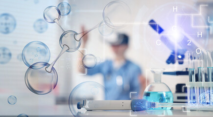 Fototapeta premium Scientist using VR headset, double exposure with virtual elements. Future technology in biochemistry