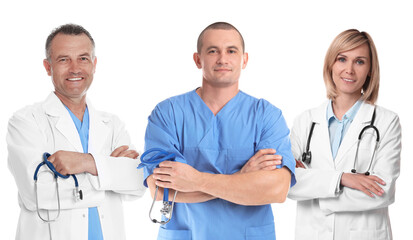 Fototapeta premium Group of professional healthcare workers on white background. Equality and unity for saving lives