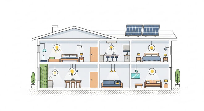 Eco friendly house with solar panels and interior rooms
