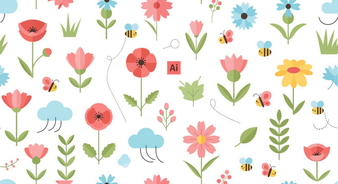 Colorful floral pattern with flowers bees and clouds on white background