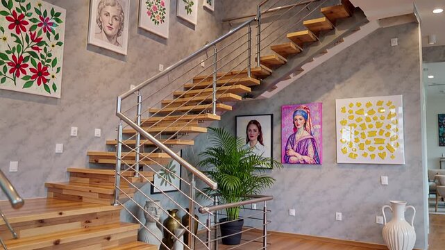 modern staircase design with artwork and warm lighting interior | home decor, interior design, architecture, art, modern living theme