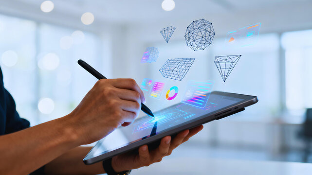 Close up of hands using tablet stylus interacting with a futuristic holographic financial dashboard tracking data business objectives innovation progress visualization perfect for campaigns