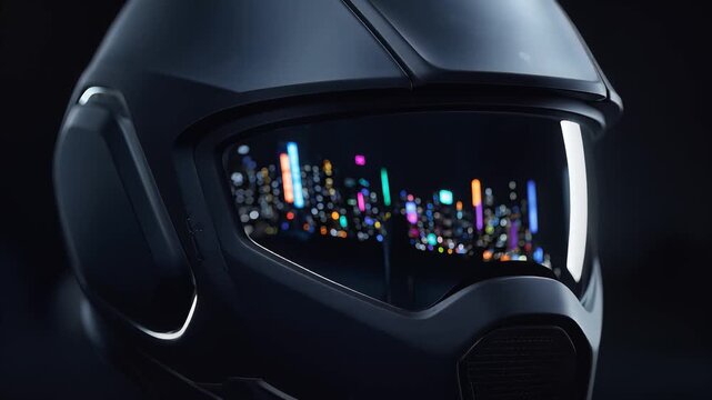Futuristic Helmet with City Reflection: A close-up showcases a sleek, dark helmet, its visor reflecting the vibrant lights of a cityscape.