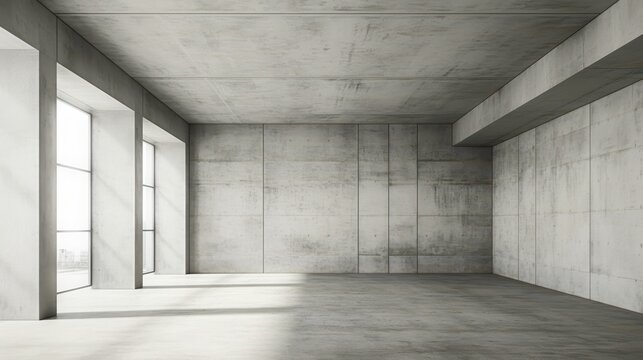 Empty Modern Loft Space with Concrete Walls and Large Windows