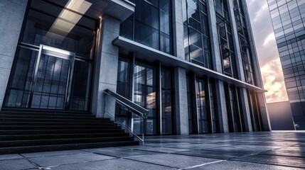 Fototapeta premium Modern Glass Facade of Urban Office Building at Twilight