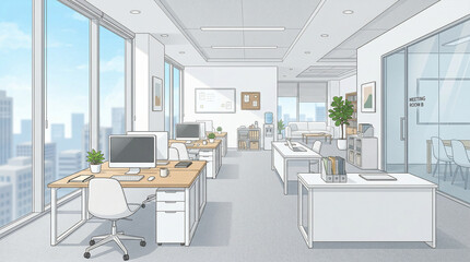 明るい雰囲気のオフィスのイラスト　生成AI素材