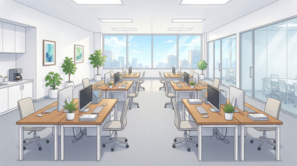 明るい雰囲気のオフィスのイラスト　生成AI素材