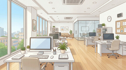 明るい雰囲気のオフィスのイラスト　生成AI素材