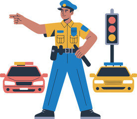 Police officer directing traffic with hand signal stop lights and patrol cars on road © Laila