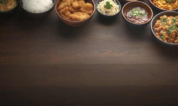 다양한 아시아 음식과 밥, 커리, 튀김 요리가 담긴 그릇들이 나무 테이블 위에 놓여있는 모습