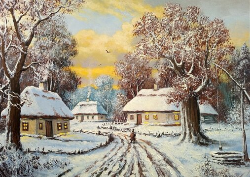 Winter in a traditional Ukrainian village, snowy cottages with thatched roofs and evening lights, oil painting style. Paintings landscape, fine art 