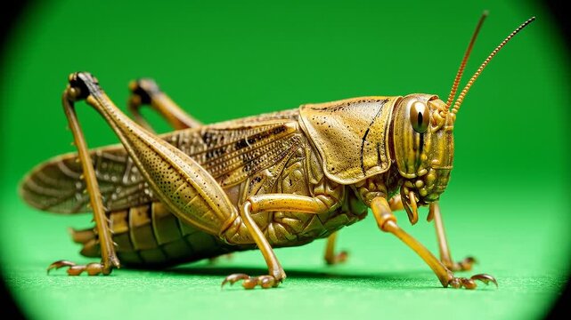A close-up view of a grasshopper standing on a green surface, showcasing its detailed anatomy and vibrant colors