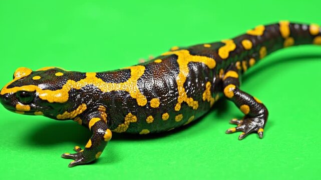 A close-up view of a fire salamander on a green background, showcasing its spotted skin and walking stance