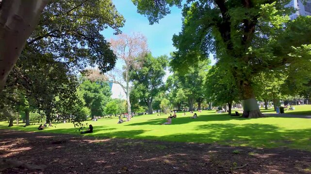 People relaxing on open lawns in Treasury Gardens, Melbourne, Australia. Inner-city public green space used for leisure, social gathering, and recreation within a historic urban park.
