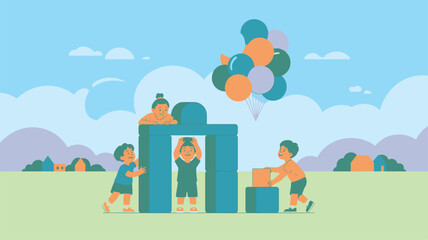 Children building blocks outdoor play