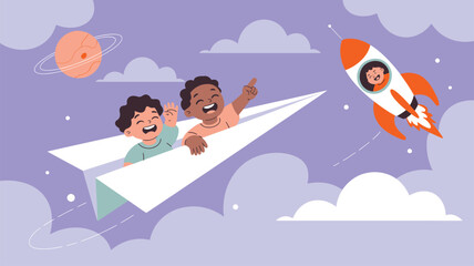 Children flying paper airplane rocket