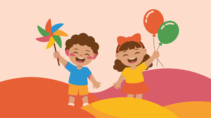 Children holding pinwheel and balloons