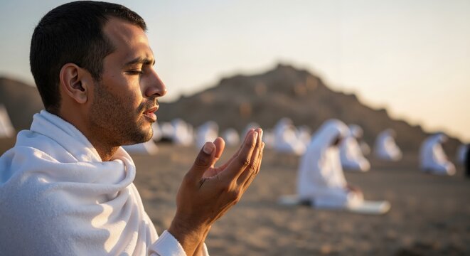 Muslim man in Ihram praying during Hajj pilgrimage. Spiritual devotion at golden hour in the desert