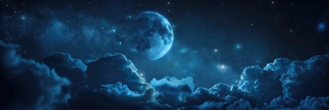Panoramic night sky with a large moon and stars. Dark, dramatic clouds below a celestial blue atmosphere