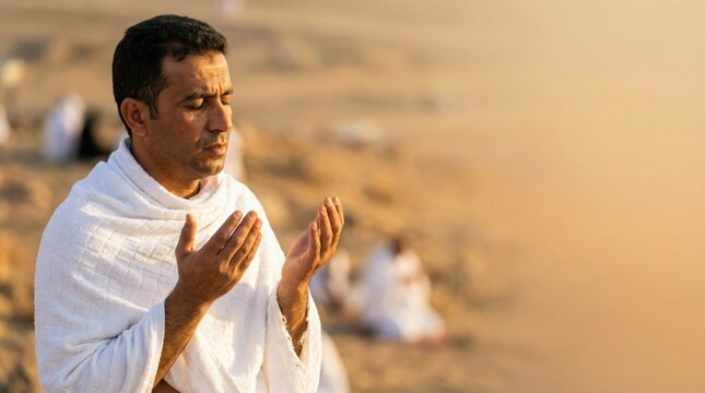 Muslim man in ihram praying during Hajj pilgrimage. Devoted pilgrim on Mount Arafat at golden hour. Spiritual worship and reflection