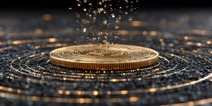Gold coin spinning above glowing blockchain network, wealth, traditional meets digital investment 
