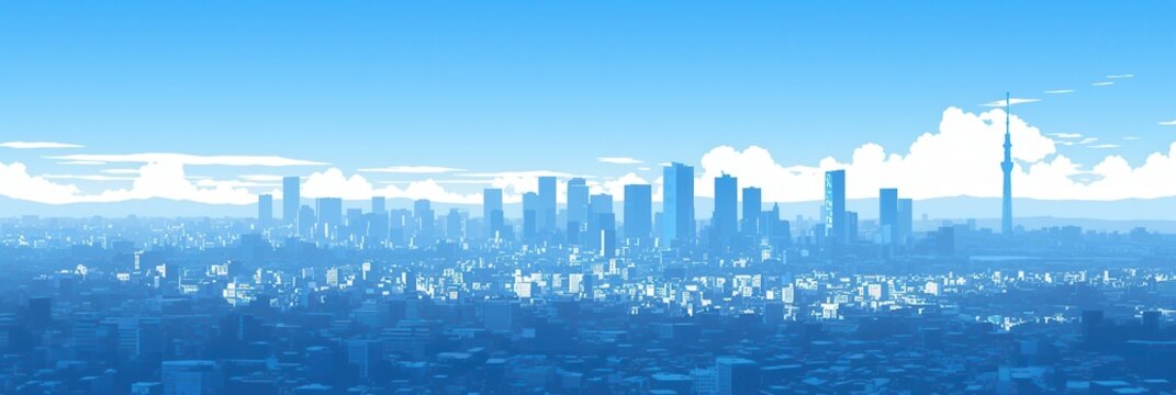 晴れ渡る青空の下に広がる東京の街並みと高層ビル群をパノラマで描いたアニメ調のイラストレーション。遠くには東京スカイツリーがそびえ立ち、白い入道雲が夏の訪れを感じさせる爽やかで美しい都市景観を表現した背景素材です。